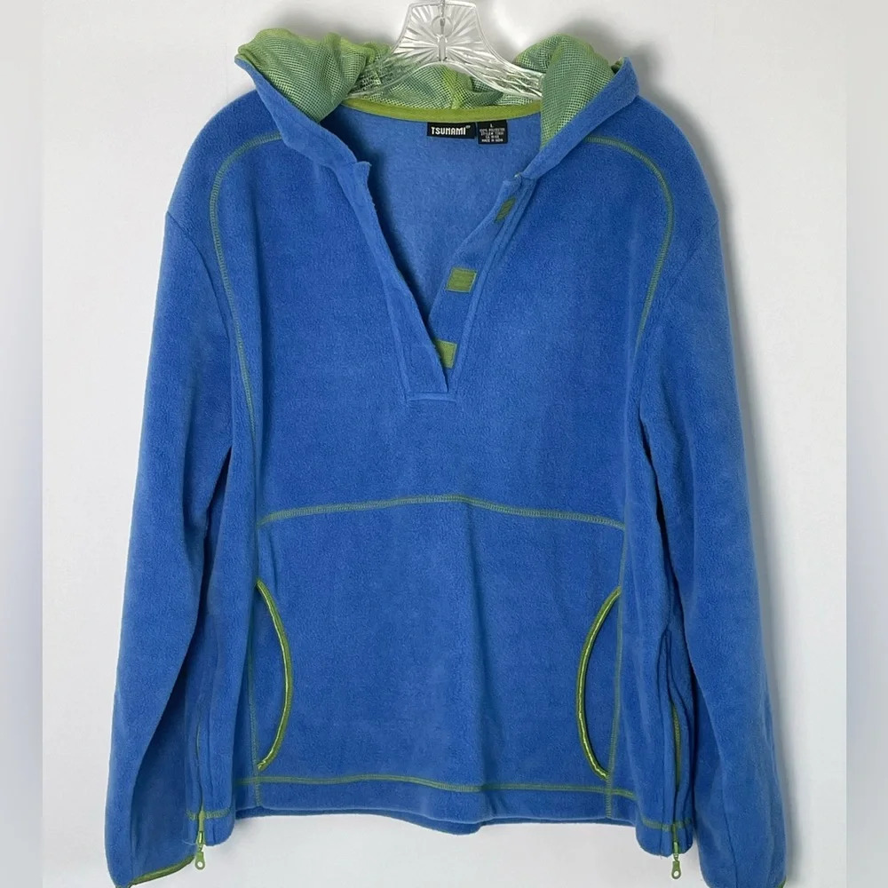 VINTAGE Tsunami Hoodie Blue Green Fleece Quarter Neckline Velcro Mesh Side Zip L